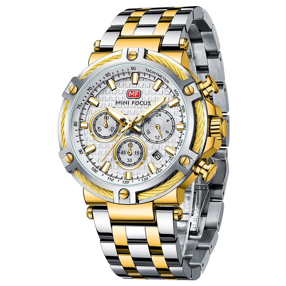 HOTMF MINI FOCUS Business Men Watches (Chronograph/Waterproof/Luminous/Calendar/24 Hours) Big Face Stainless Steel Band Watches for Men