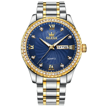HOTOLEVS Men's Casual Stainless Steel Watch, Big Face Easy to Read Analog Quartz Watch with Day and Date, Classic Waterproof Diamond Roman Arabic Numeral Dial Dress Watch for Men, Gold Silver Black Band