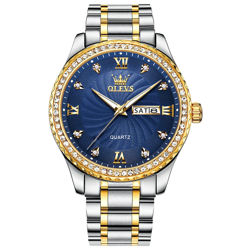 HOTOLEVS Men's Casual Stainless Steel Watch, Big Face Easy to Read Analog Quartz Watch with Day and Date, Classic Waterproof Diamond Roman Arabic Numeral Dial Dress Watch for Men, Gold Silver Black Band
