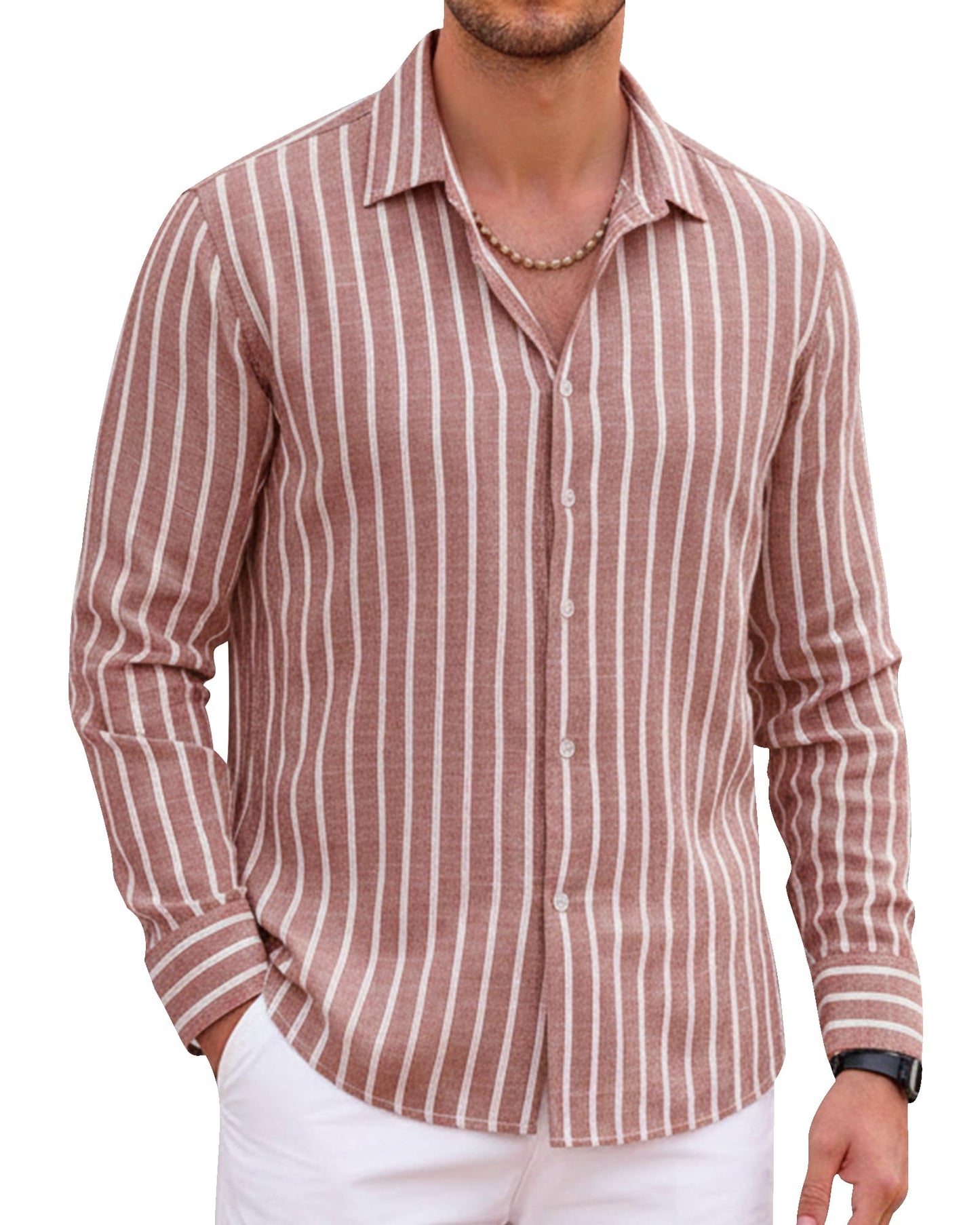 HOTAlex Vando Mens Linen Shirts Long Sleeve Button Down Striped Beach Shirt | Breathable Skin-Friendly Anti-Shrink Fabric, Classic Stripes For Casual Style, All-Day Comfort, Easy Care