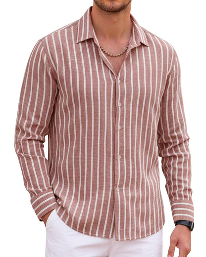 HOTAlex Vando Mens Linen Shirts Long Sleeve Button Down Striped Beach Shirt | Breathable Skin-Friendly Anti-Shrink Fabric, Classic Stripes For Casual Style, All-Day Comfort, Easy Care