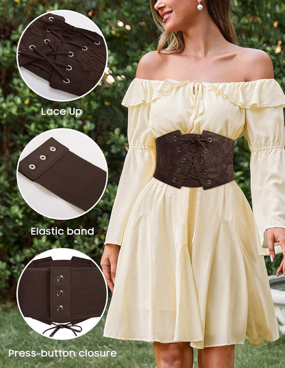 HOTGRACE KARIN Women's Elastic Wide Waist Belt Renaissance Pirate Corset Cinch Belt Cosplay Costume with Press Button
