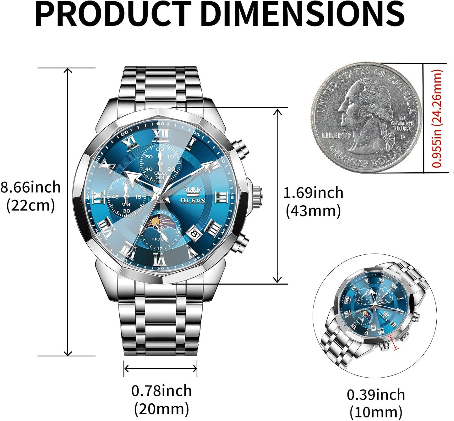 HOTOLEVS Watch Men Luxury Sliver Stainless Steel Dress Waterproof Blue Face Wrist Watches for Men Classic Analog Quartz Moon Phase Chronograph Men Watch Relojes De Hombre