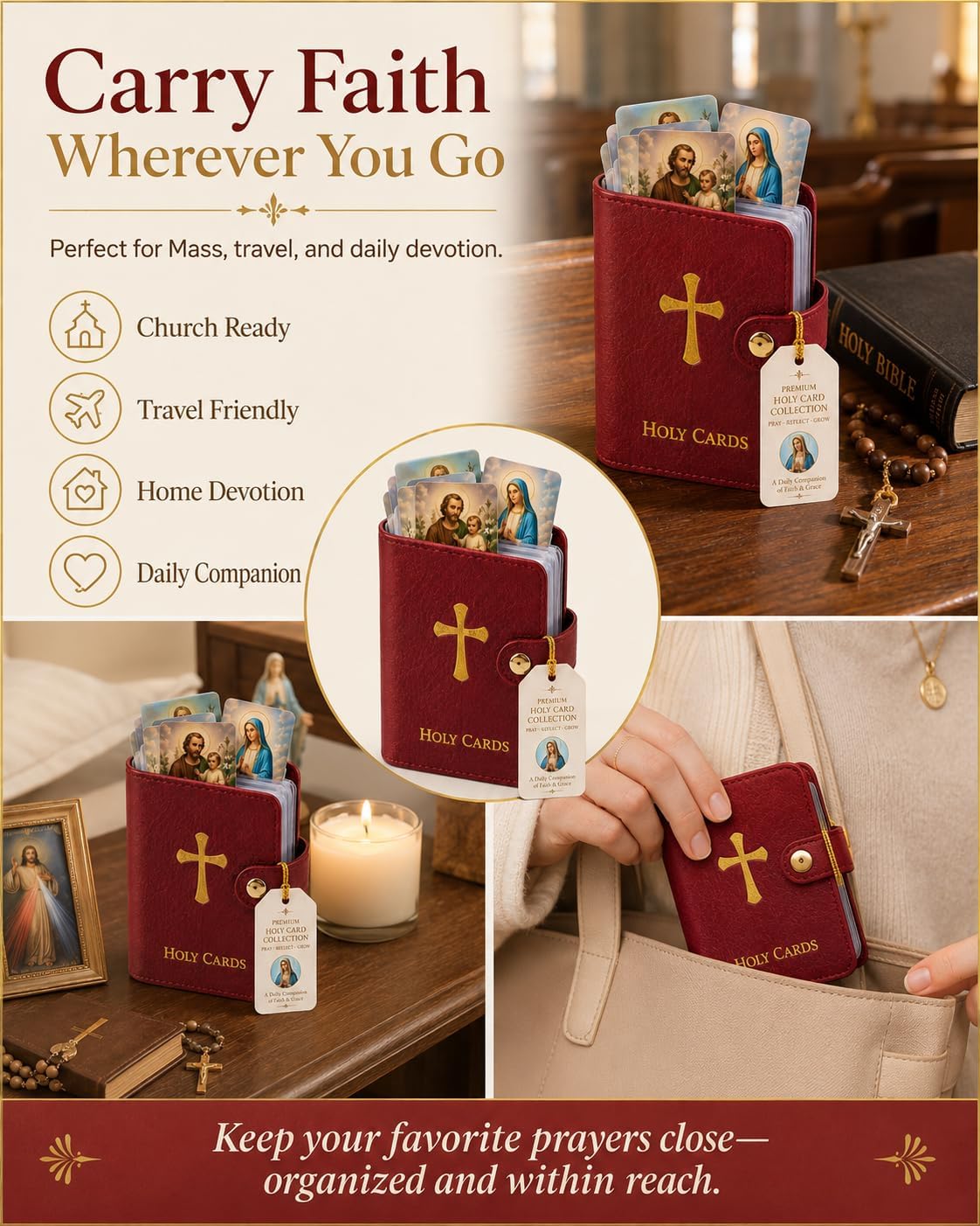 HOT6PCS Prayer Card Holder Holy Book Athletes Catholic Bible Cases for Woman Id Organizer Carrying Rosary Pocket Genuine Faux Leather Men with 50 Sleeves Laminated Saint Album Religious