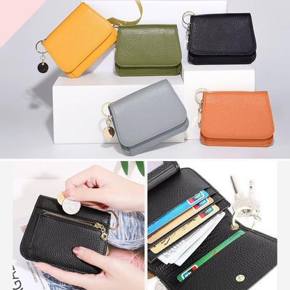 HOTMudono Small Wallet for Women RFID Blocking Genuine Leather Card Case Slim Tri-Fold Wallet with Zipper Pocket and Keychain