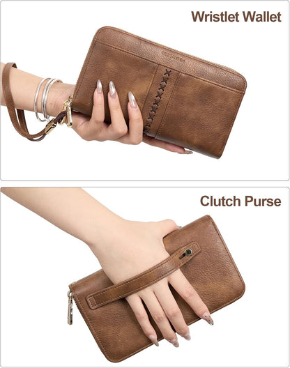 HOTBOSTANTEN Wristlet Wallets for Women RFID Large Capacity Clutch Wallet | 24 Card Slots, 2 Zipper Pockets, Phone ＆ Card Holder, Zip Around, Hand Strap, Vegan Leather, Great Gifts,