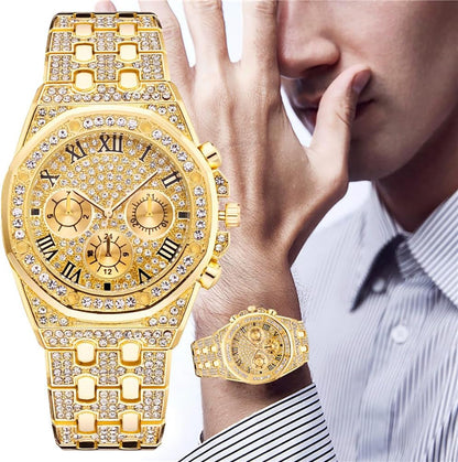 HOTApzzic Diamond Iced Out Watch CZ Gold Plated 40mm Width Roman Numerals Dial Quartz Wristband Watch for Men Women