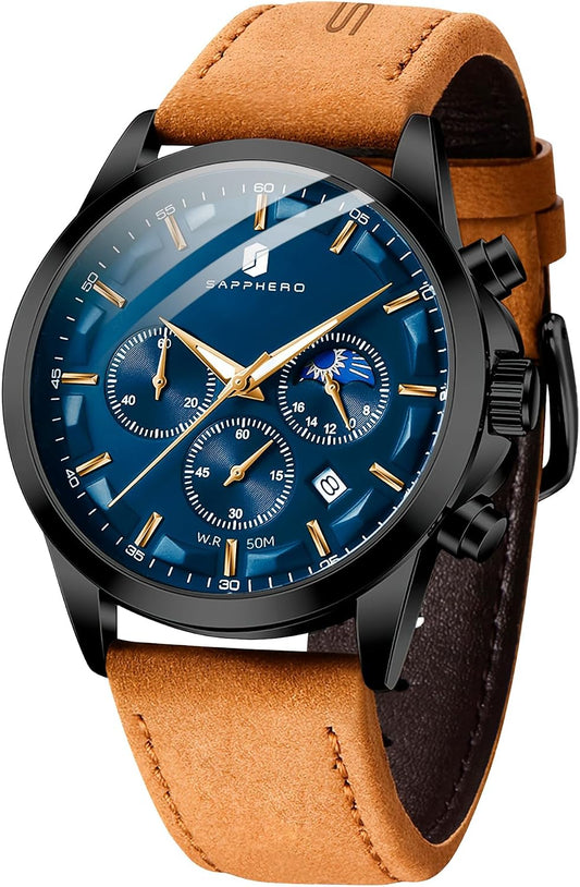 HOTSAPPHERO Men's Watches Stainless Steel Chronograph Waterproof Quartz-Business Casual Dress Watch for Men Luminous Date Gold/Silver/Black Design-Easy-to-Read Luxury Dial-Leather Unique Elegant Gift