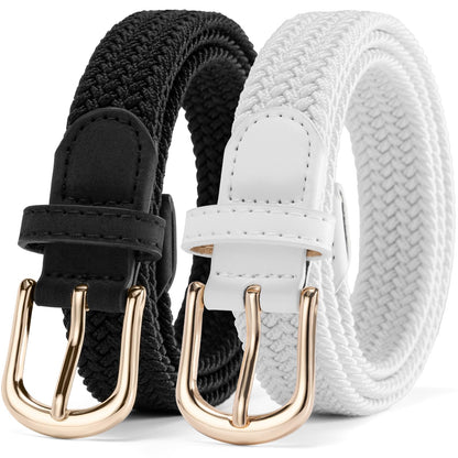HOT2 Pack Braided Belt for Women, Elastic Woven Stretch Fabric Cloth Belt with Gold Buckle