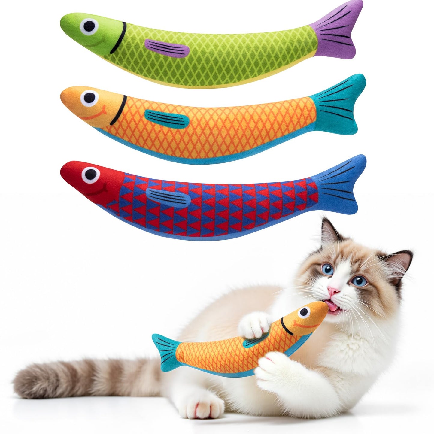 HOTPetBusy Cat Toys with[5000mg A+Natural Catnip &Silvervine] [Baby Grade] Interactive Soft Chew Kicker Cat Toys for Indoor Cats & Kittens, [Crinkle &Bell] Fish Sound Toy, Drives Bored Cat Crazy with Fun