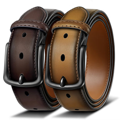 HOTBULLIANT 2-Pack Leather Belt for Men 1 3/8"-7 Eyelets-Gift Boxed | 7 Grommets Adjustable Range | Versatile for Golf Dress Casual Jeans