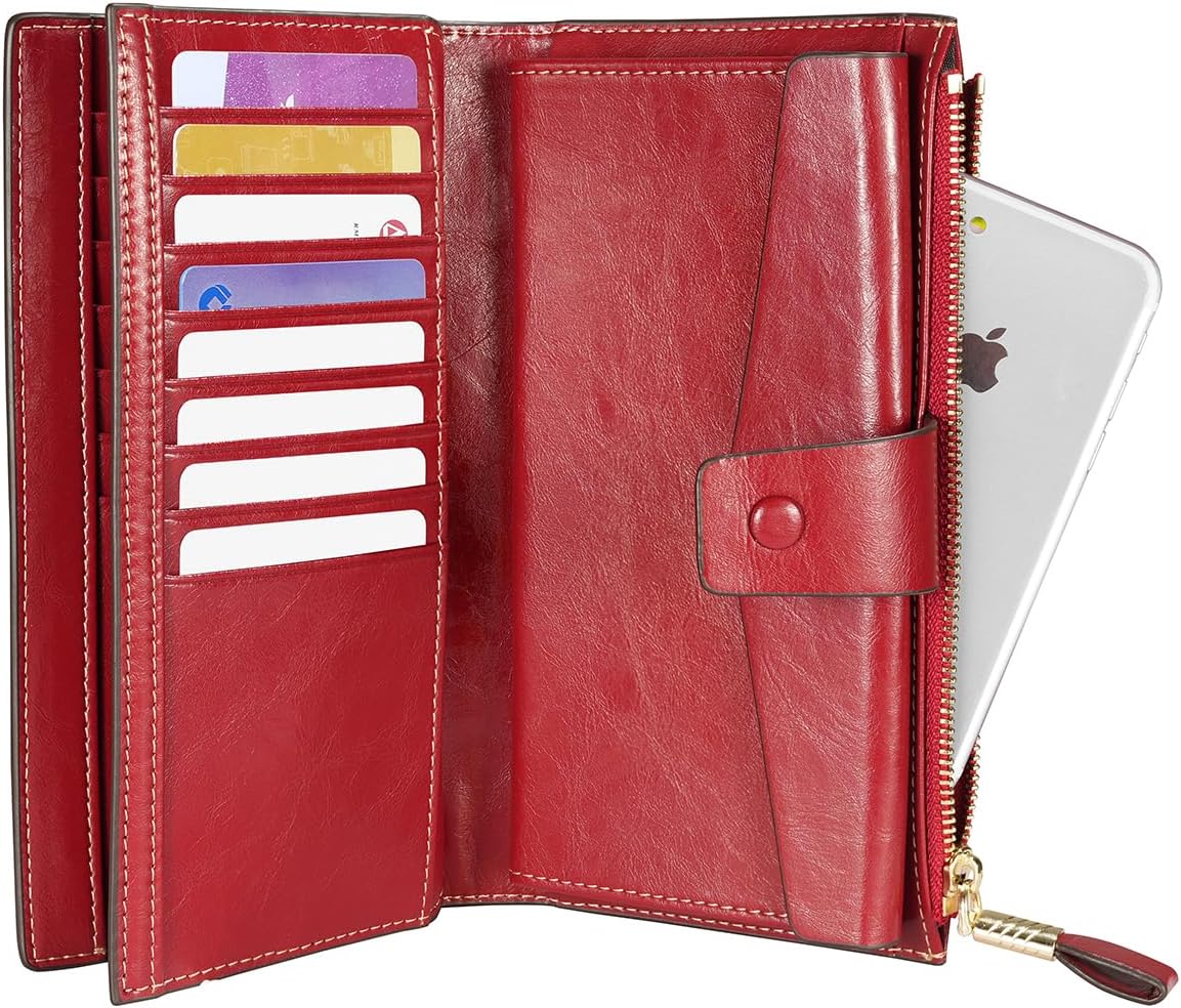 HOTItslife Womens RFID Blocking Large Capacity Luxury Wax Genuine Leather Wallet Clutch Ladies Card Holder, Red