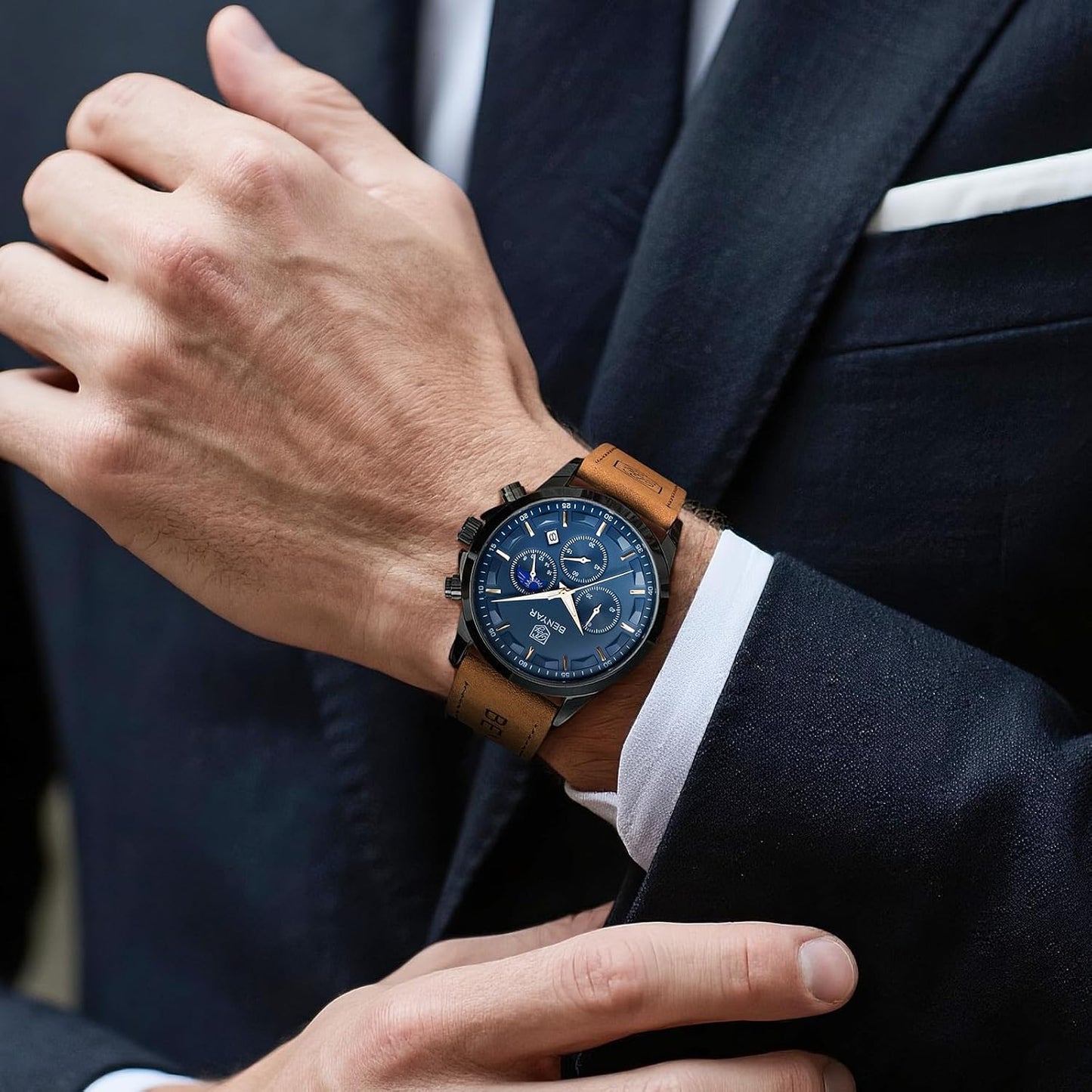 HOTBENYAR Mens Watches Analog Quartz Chronograph Waterproof Wrist Watches for Men Fashion Business Work Casual Sport Designer Dress Watch with Calendar Elegant Gifts for Men