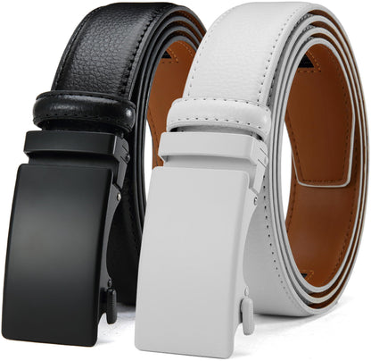 HOTDOOPAI Men's Leather Ratchet Belts 2 Pack Adjustable Click Belt Set for Dress & Casual, Custom Fit 1 3/8" (35mm) -Trim to Fit