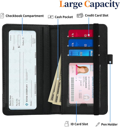 HOTPremium PU Leather Checkbook Cover for Men & Women,RFID Blocking Slim Check Book Holder with Duplicate Check Divider & Pen Holder,Fits Standard Personal Checks,Coastal Beach Blue Bow