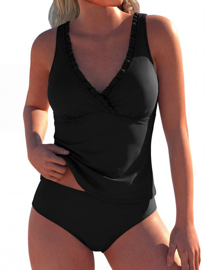 HOTZAFUL Womens Tankini Swimsuits Smocked 2 Piece Bathing Suits Modest Tie Back Swimwear