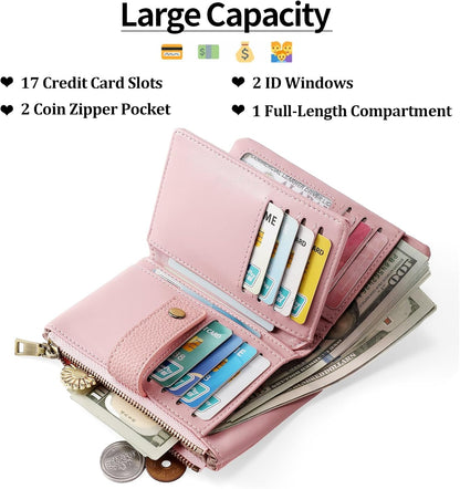 HOTSENDEFN Small Wallet for Women Leather RFID Blocking Wristlet Wallet Credit Card Holder with Double Zipper Coin Purse Ladies Bifold Purse