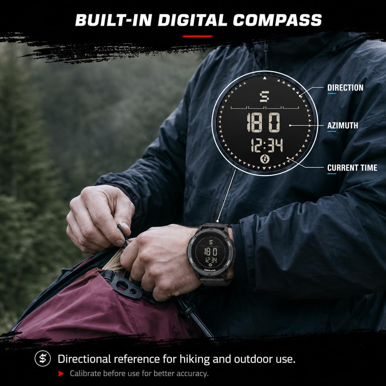 HOTNORTH EDGE ALPS Outdoor Digital Watch for Men | No app or charging, compass, step tracking and 50M water resistance