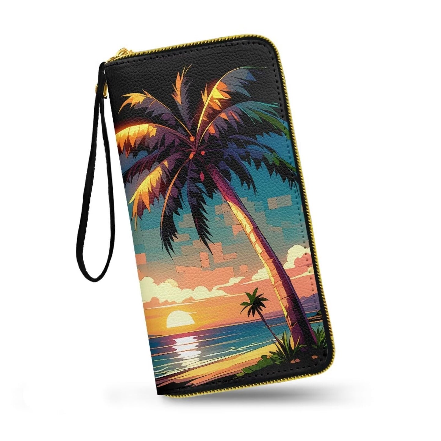 HOTHawaii Totem Flowers PU Leather Ladies Wallet Wristlet, Tropical Hawaiian Tiki Art Zip Around Wallets for Women, Brown Large Capacity Card Holder Organizer