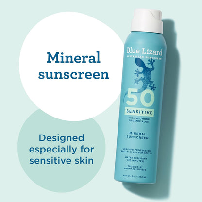 HOTBlue Lizard Sensitive Mineral SPF 50 Spray, Dermatologist-Recommended Brand, Broad-Spectrum UVA/UVB Protection, Water-Resistant, Zinc Oxide Formula, 5 oz