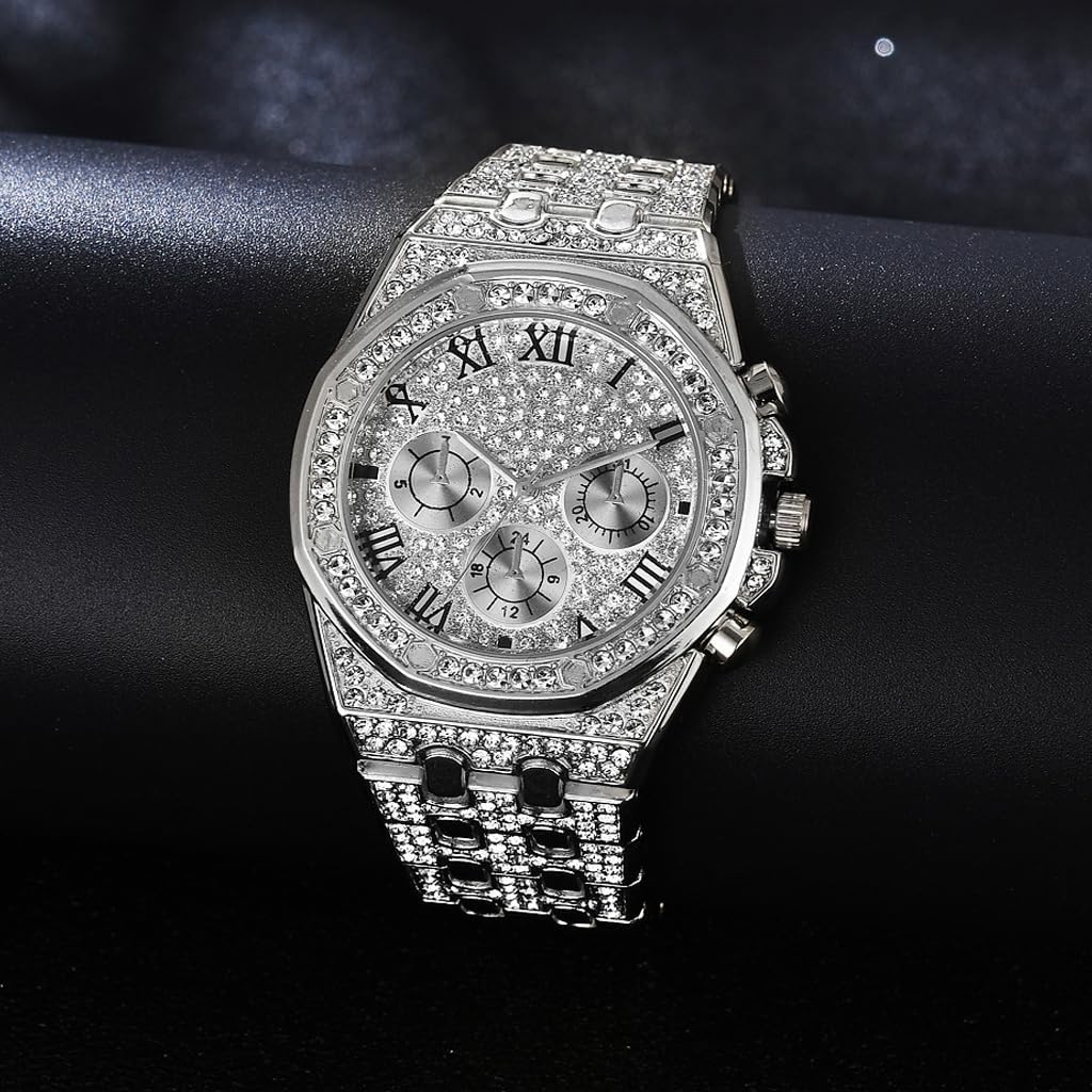 HOTApzzic Diamond Iced Out Watch CZ Gold Plated 40mm Width Roman Numerals Dial Quartz Wristband Watch for Men Women