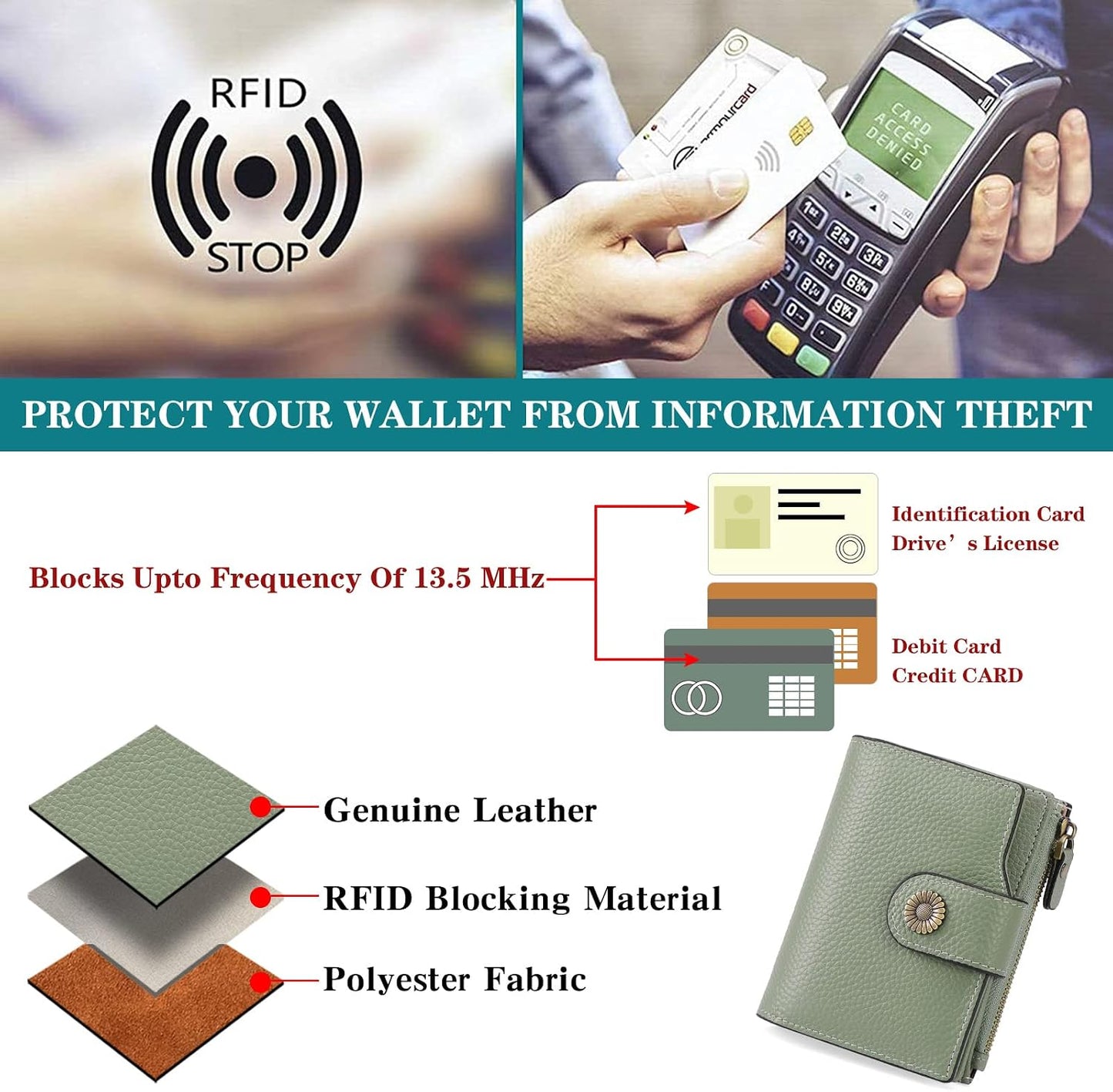 HOTFalan Mule Women's Lightweight Genuine Leather Wallet, Includes Card Holders, RFID-Blocking, Lightweight, Photo & ID Holder, Green