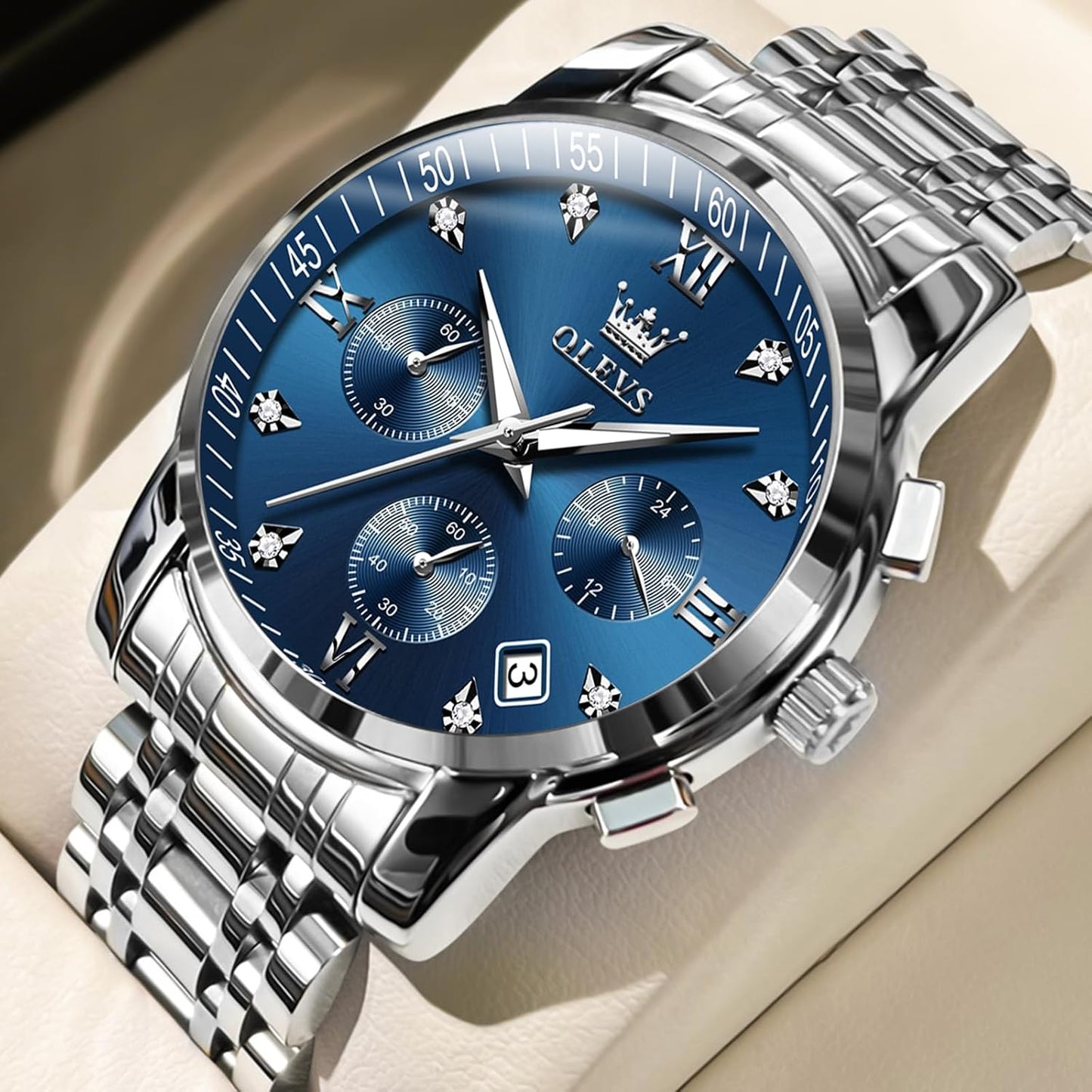 HOTOLEVS Watches for Men with Date Luxury Big Face Waterproof Mens Wristwatch Analog Dress Two Tone Stainless Steel Man Watch Luminous Relojes De Hombre Calendar(Green/Blue/Black Dial