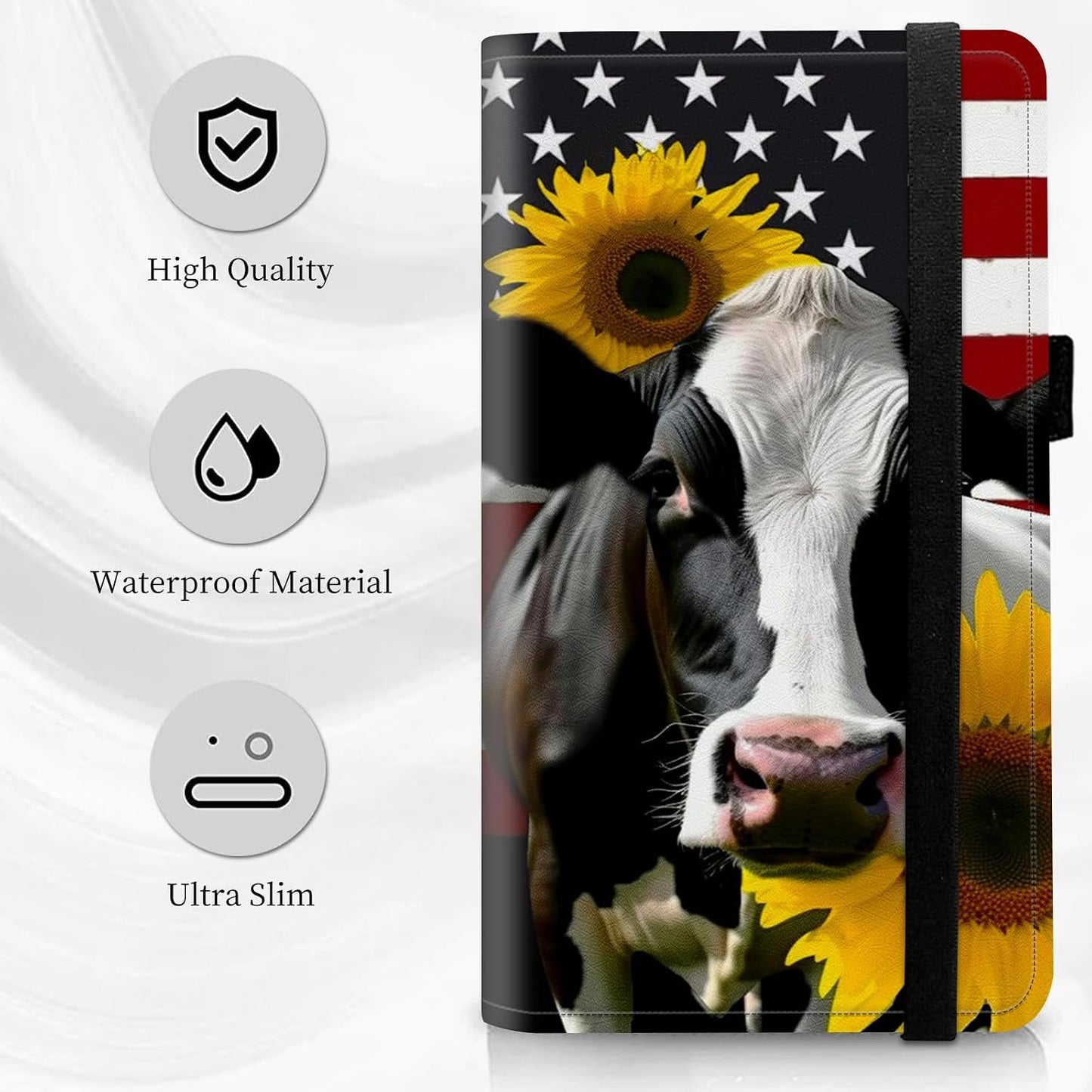 HOTCheck Book Cover for Personal Checkbook American Flag Sunflowers Cow Pattern Design PU Leather Checkbook Cover for Men Women with Card Slot & Pen Holder and Elastic Strap for Duplicate Checks