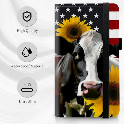 HOTCheck Book Cover for Personal Checkbook American Flag Sunflowers Cow Pattern Design PU Leather Checkbook Cover for Men Women with Card Slot & Pen Holder and Elastic Strap for Duplicate Checks