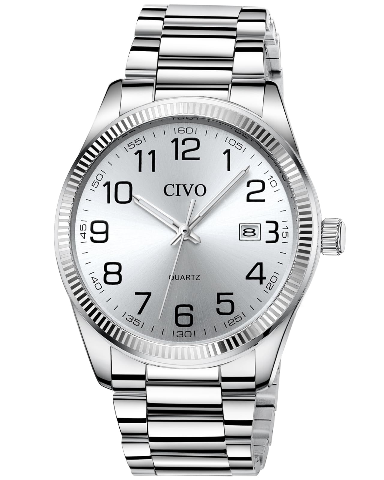 HOTCIVO Silver Analog Watches for Men: Stainless Steel Dress Wrist Watch Date | Classic, Easy to Read Large Numbers, Waterproof for Work, Formal, Gifts for Husband, Son, Father, Birthday, Anniversary
