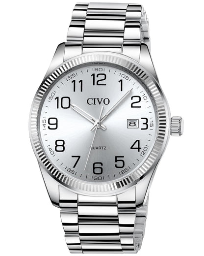 HOTCIVO Silver Analog Watches for Men: Stainless Steel Dress Wrist Watch Date | Classic, Easy to Read Large Numbers, Waterproof for Work, Formal, Gifts for Husband, Son, Father, Birthday, Anniversary
