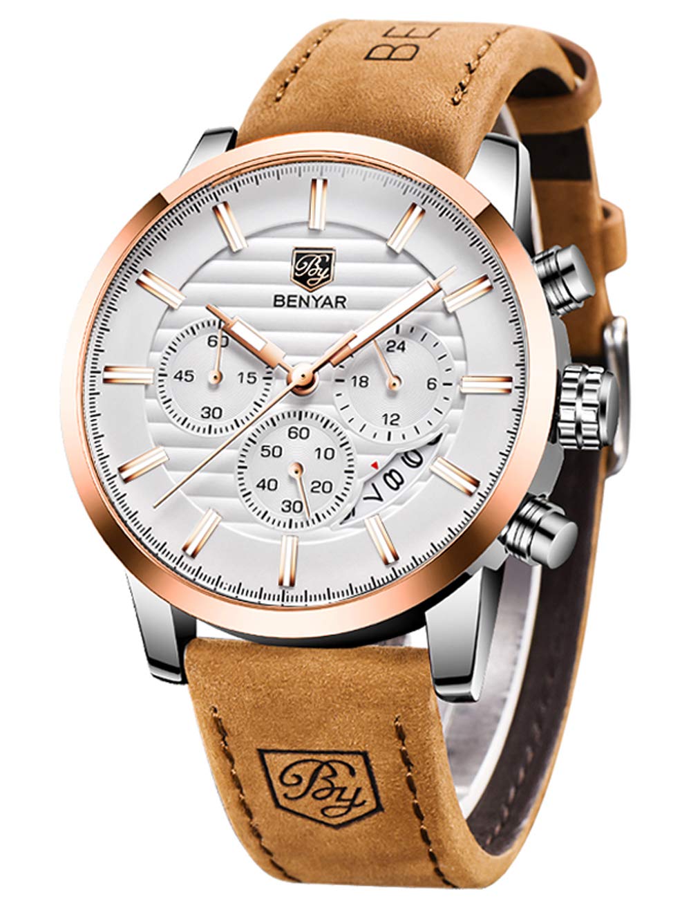 HOTBENYAR Quartz Chronograph Waterproof Watches Business and Sport Design Leather Band Strap Wrist Watch for Men