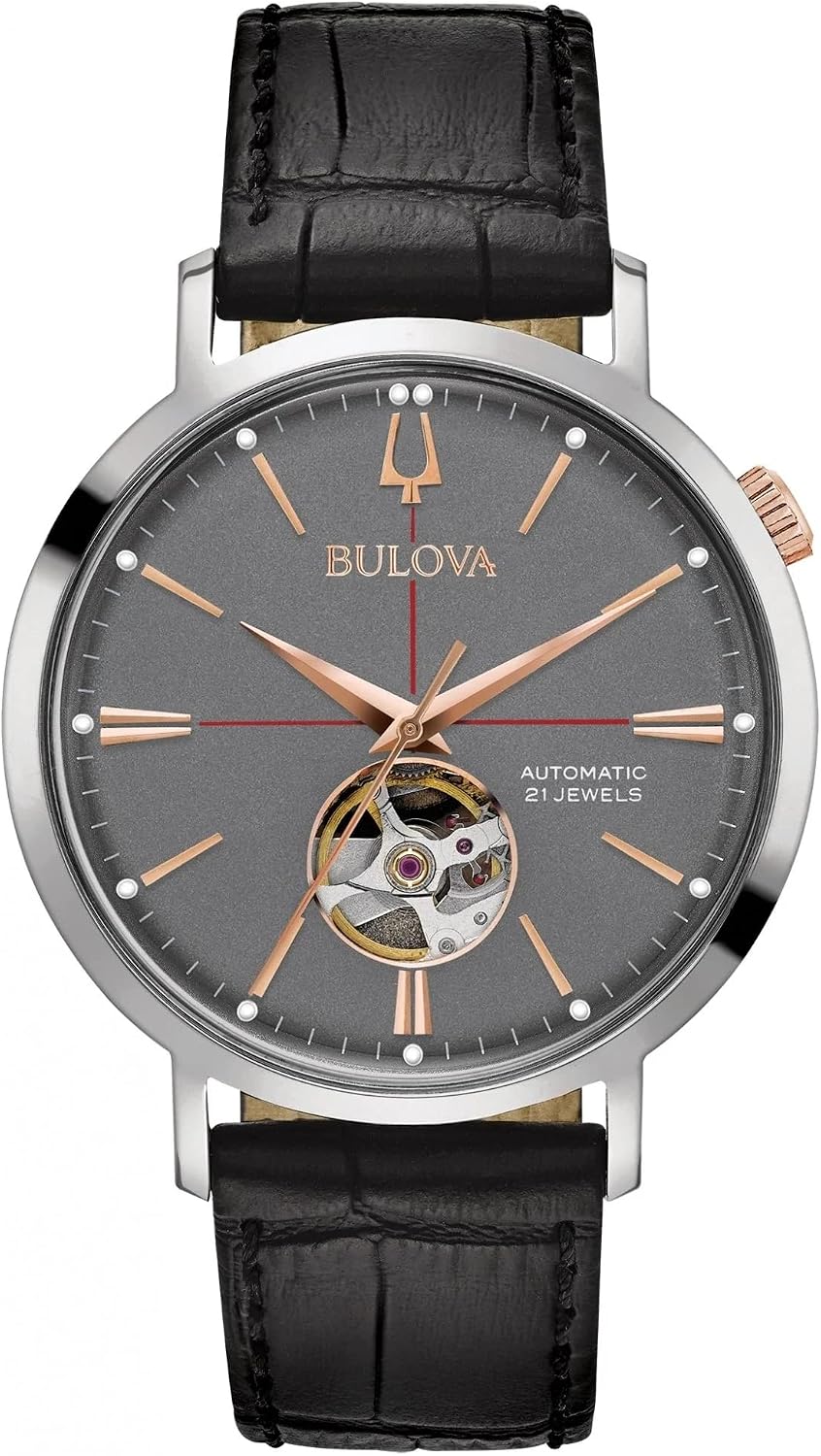 HOTBulova Men's Classic Aerojet 3-Hand Automatic Leather Strap Watch, Open Aperture, 40-Hour Power Reserve, Double Curved Mineral Crystal, 41mm