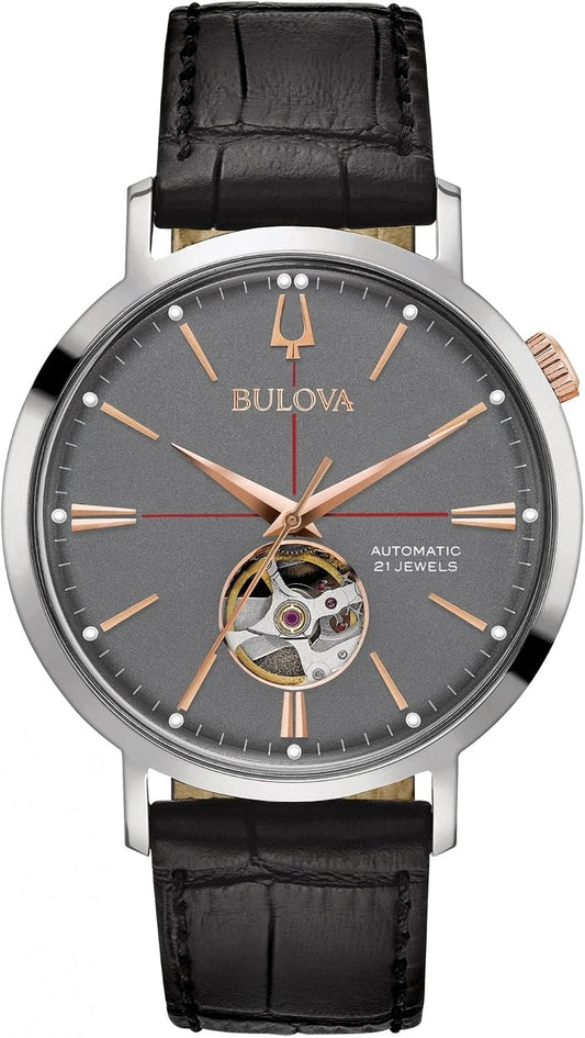 HOTBulova Men's Classic Aerojet 3-Hand Automatic Leather Strap Watch, Open Aperture, 40-Hour Power Reserve, Double Curved Mineral Crystal, 41mm