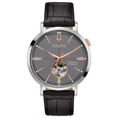 HOTBulova Men's Classic Aerojet 3-Hand Automatic Leather Strap Watch, Open Aperture, 40-Hour Power Reserve, Double Curved Mineral Crystal, 41mm