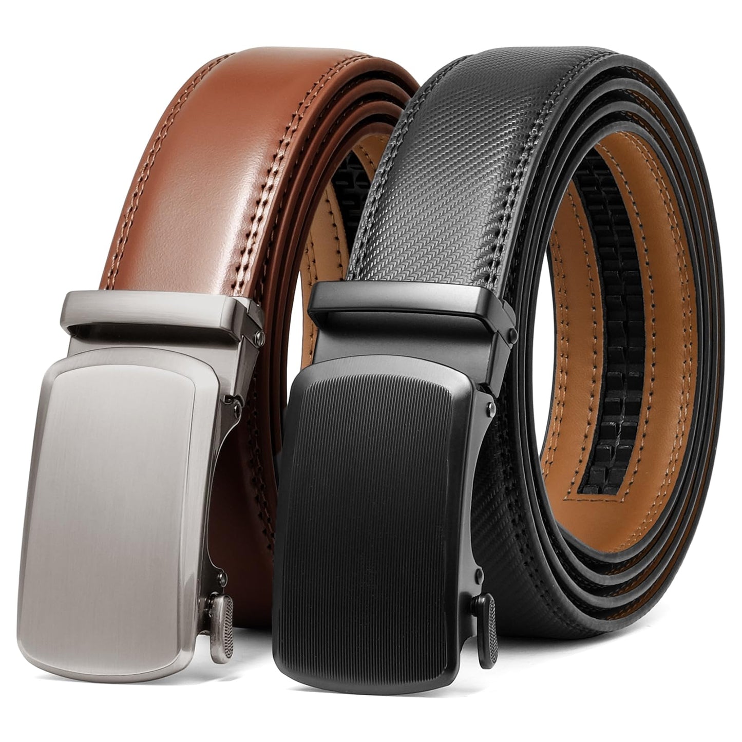 HOTSENDEFN 2 Pack Ratchet Belt Men, Men Leather Belts in Gift Set Box for Dress Casual, Size Adjustable Trim to Fit