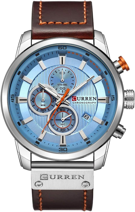 HOTFANMIS Mens Sport Military Analog Quartz Watch Chronograph Classic Casual Business Dress Waterproof Watch Multifunctional Wristwatch with Leather Strap