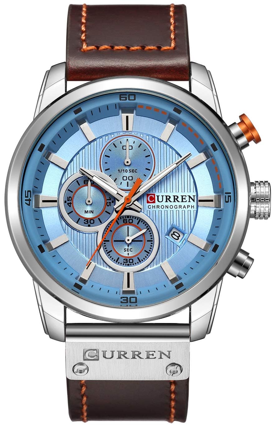 HOTFANMIS Mens Sport Military Analog Quartz Watch Chronograph Classic Casual Business Dress Waterproof Watch Multifunctional Wristwatch with Leather Strap
