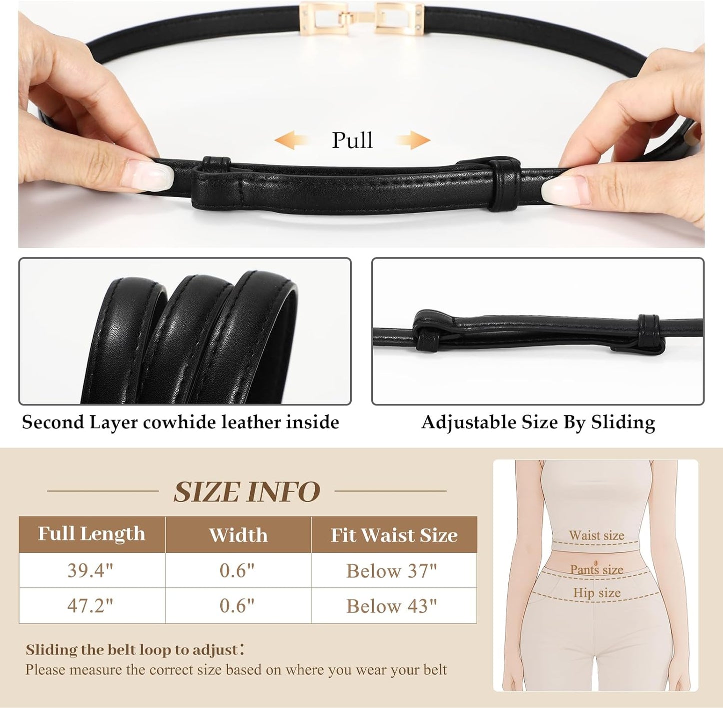 HOTWERFORU 2 Pack Women Skinny Belt Thin Waist Belt for Pants Leather Belt with Gold Buckle for Jeans Dress,0.6" width