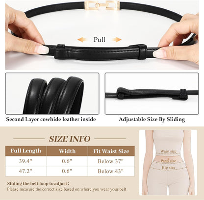 HOTWERFORU 2 Pack Women Skinny Belt Thin Waist Belt for Pants Leather Belt with Gold Buckle for Jeans Dress,0.6" width
