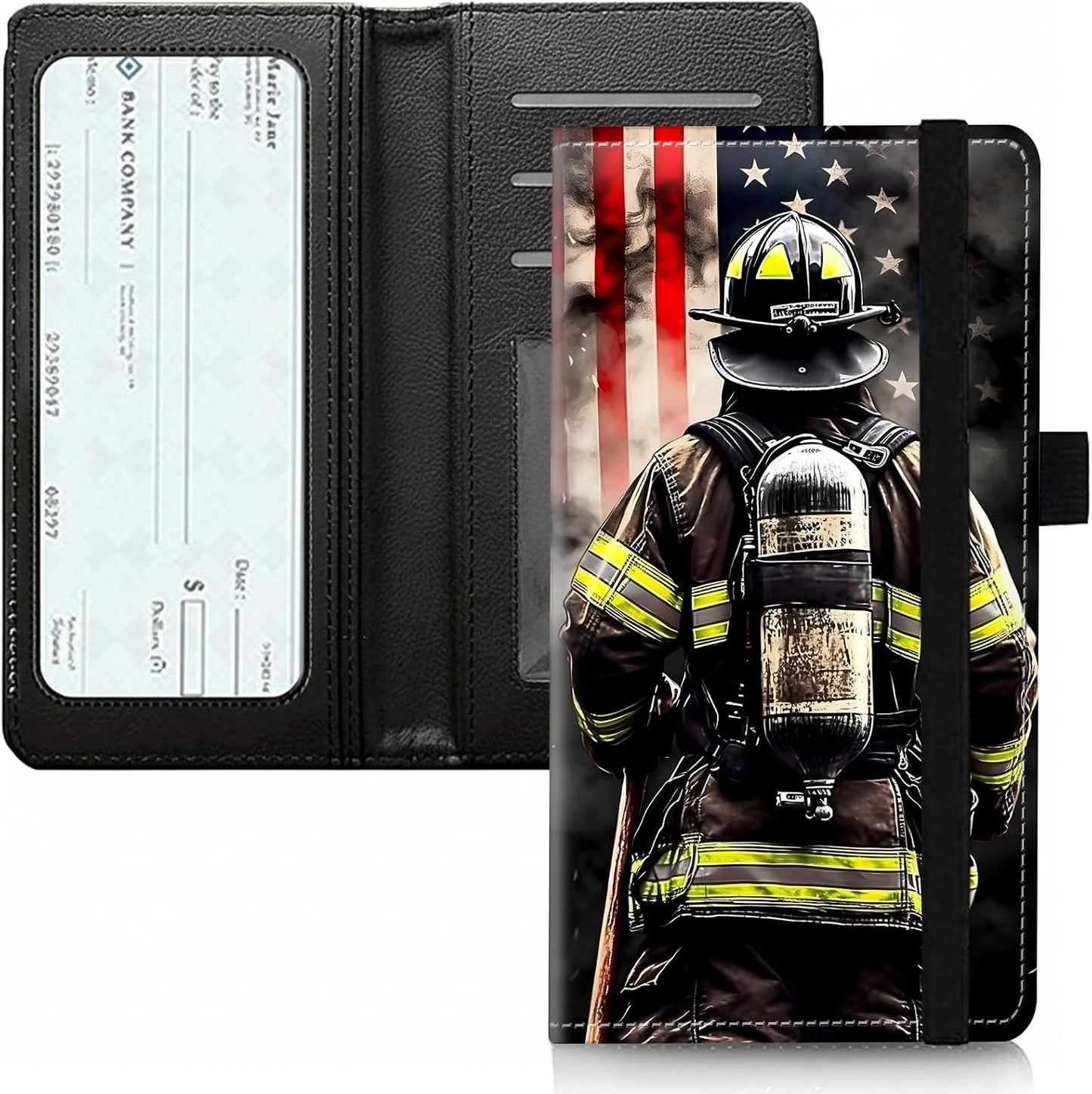 HOTPU Leather Checkbook Cover for Personal & Duplicate Checks, Slim RFID Blocking Checkbook Wallet with Card Slots, Elastic Strap Checkbook Holder Stylish Wallet for Men & Women, Flag Firefighter