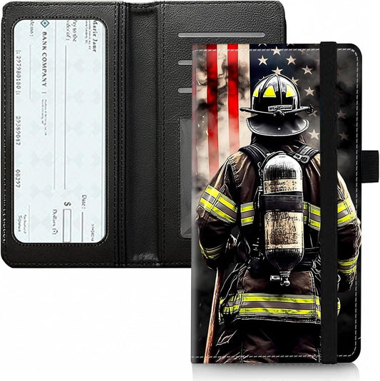 HOTPU Leather Checkbook Cover for Personal & Duplicate Checks, Slim RFID Blocking Checkbook Wallet with Card Slots, Elastic Strap Checkbook Holder Stylish Wallet for Men & Women, Flag Firefighter