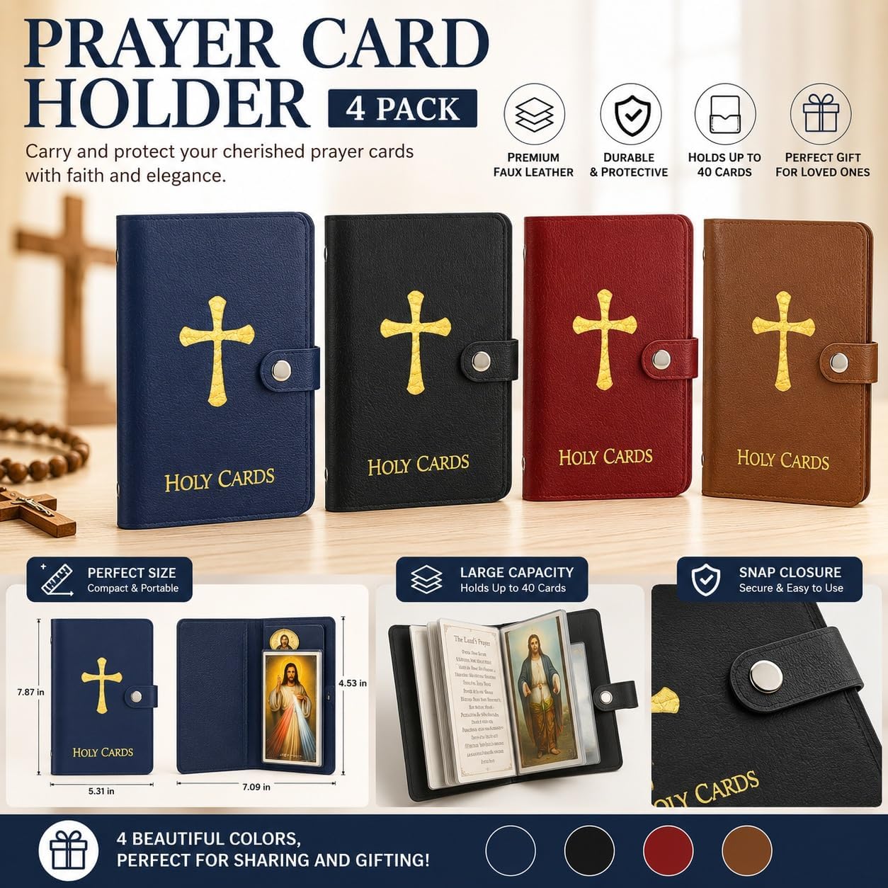 HOT4 Pcs Prayer Card Holder Carrying Each Case Hold To 40 Holy Card Holder Case Faux Leather With Snap Closure Holy Bag Organizer For Religious Prayer