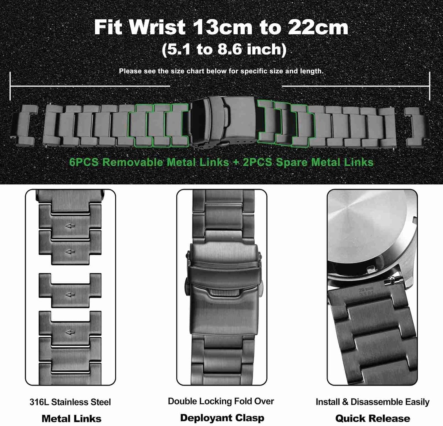 HOTWOCCI 22mm Heavy-duty Metal Watch Band for Men, 316L Stainless Steel, Double Locking Deployant Clasp (Space Grey)