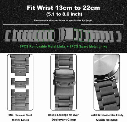 HOTWOCCI 22mm Heavy-duty Metal Watch Band for Men, 316L Stainless Steel, Double Locking Deployant Clasp (Space Grey)