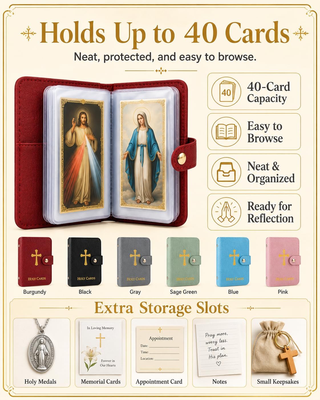 HOT6PCS Prayer Card Holder Holy Book Athletes Catholic Bible Cases for Woman Id Organizer Carrying Rosary Pocket Genuine Faux Leather Men with 50 Sleeves Laminated Saint Album Religious