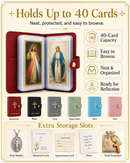 HOT6PCS Prayer Card Holder Holy Book Athletes Catholic Bible Cases for Woman Id Organizer Carrying Rosary Pocket Genuine Faux Leather Men with 50 Sleeves Laminated Saint Album Religious