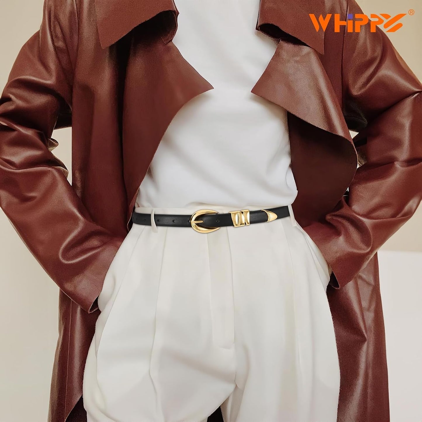 HOTWHIPPY Women Skinny Leather Belt for Jeans Pants Dresses Ladies Fashion Waist Belt with Shiny Gold Buckle