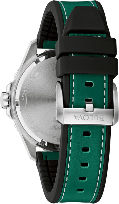 HOTBulova Men's Marine Star Quartz Silver Stainless Steel Watch, Leather and Silicone Strap, 100M Water Resistant, 43mm