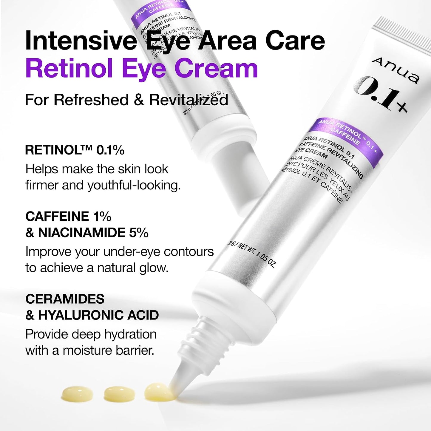 HOTAnua Retinol 0.1 Caffeine Revitalizing Eye Cream, Lightweight Formula for Dark Circles & Puffiness, Hydrating for Sensitive Skin, Korean Skincare,1.05 fl oz